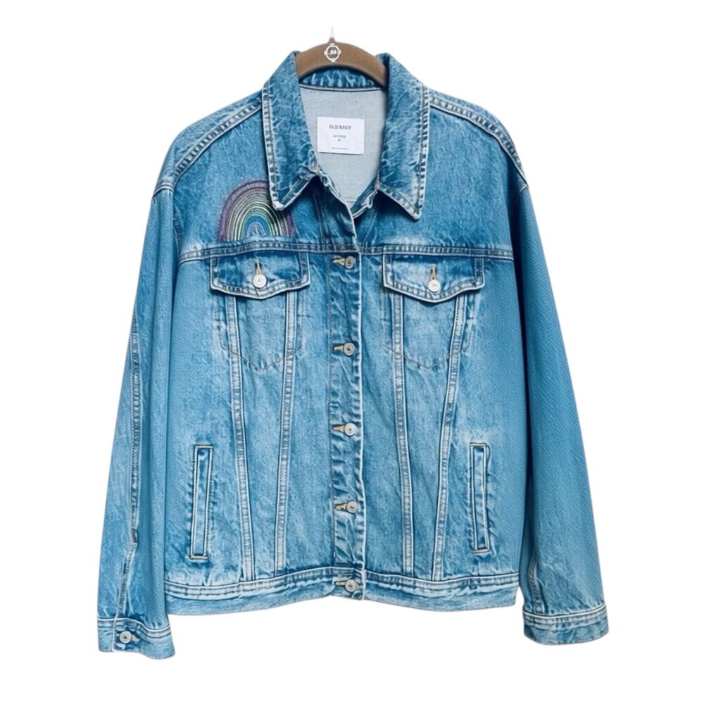 Old Navy Womens Boyfriend Fit Rainbow Embroidered Blue Denim Jean Jacket Size M